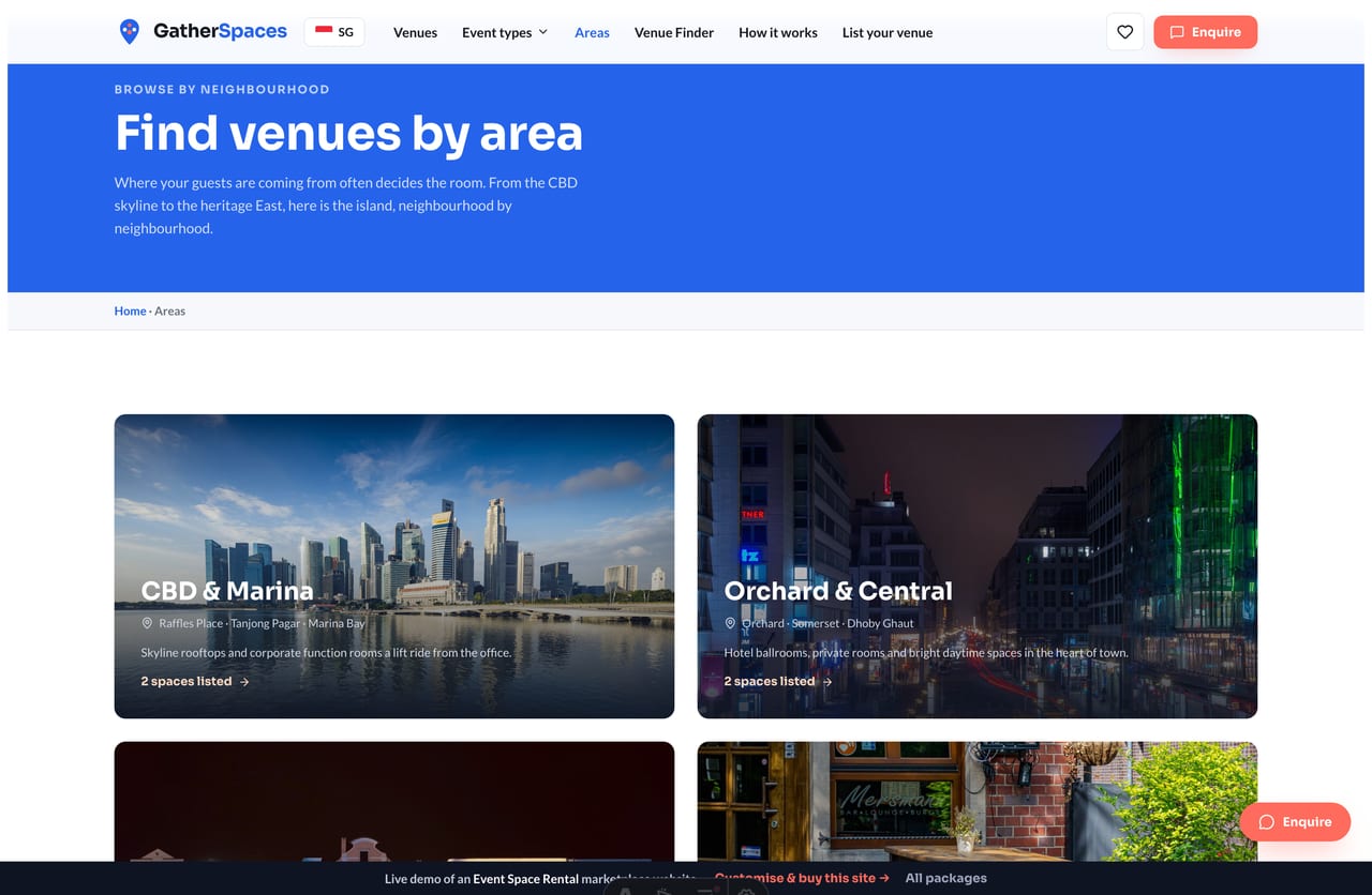 Browse event venues by area across Singapore on a venue marketplace website