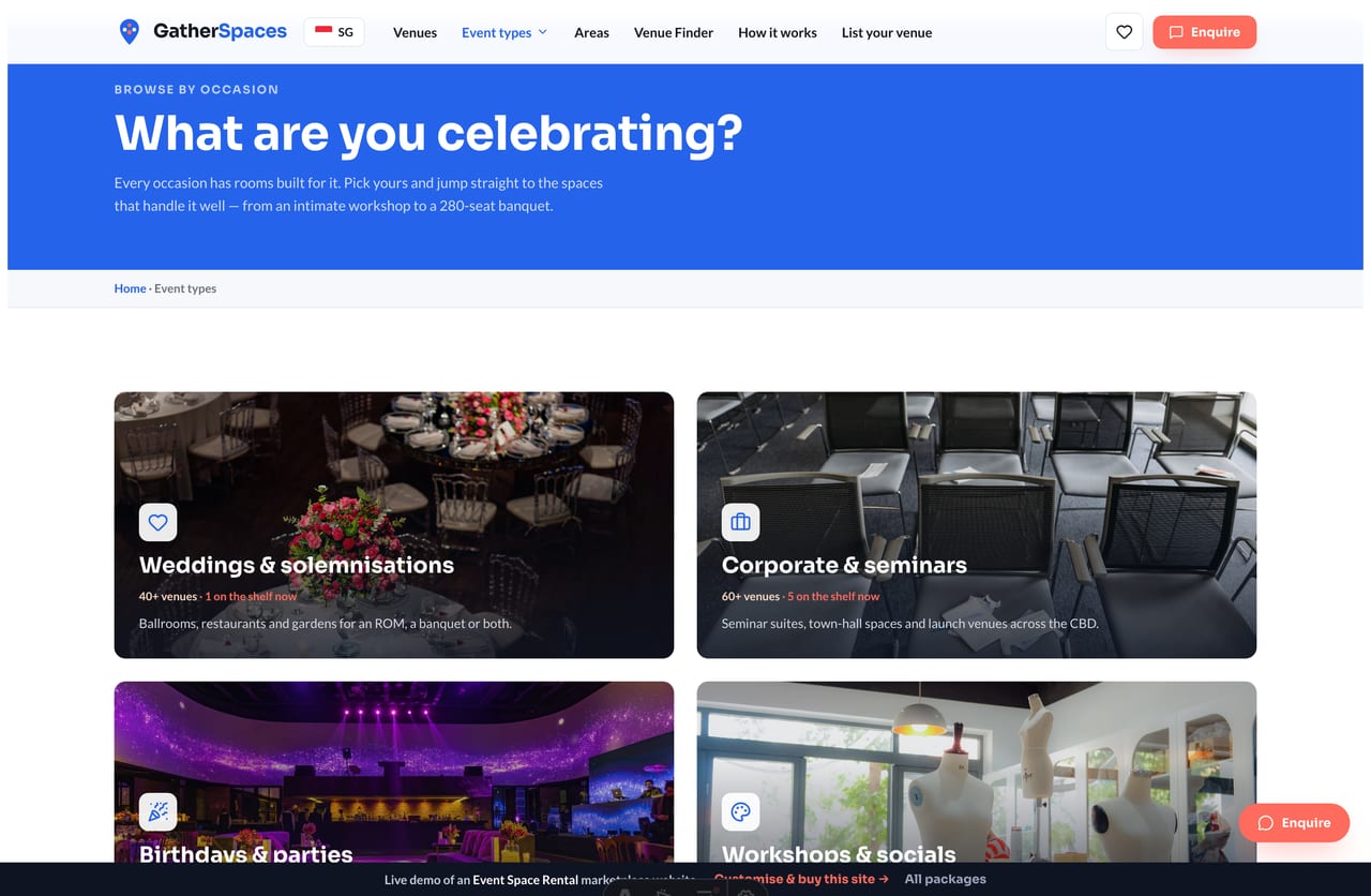 Browse event spaces by event type on a Singapore event-space marketplace