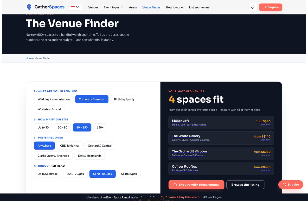 Live matched-venues output showing venue names and from-prices on an event space marketplace