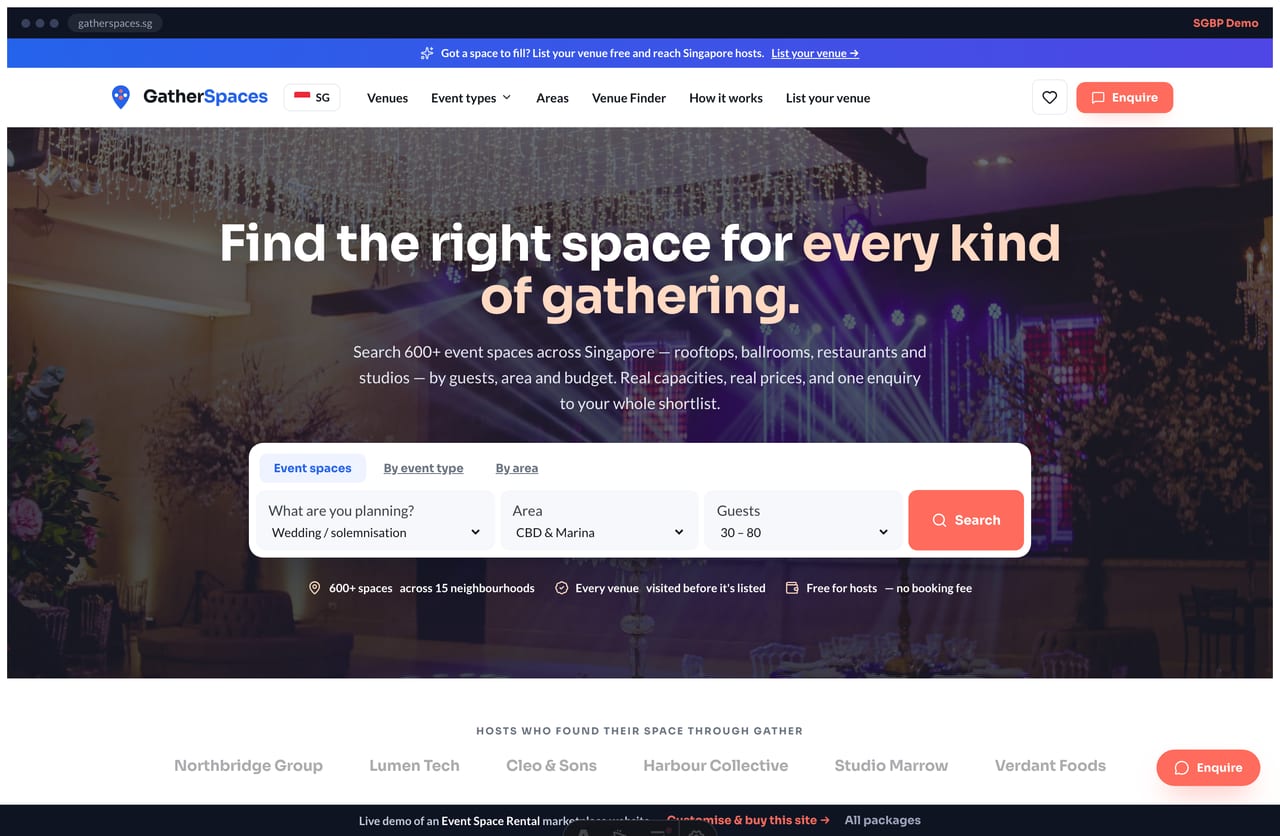 Event space rental marketplace website homepage demo — search-led hero, venue cards and browse-by-area (Singapore)