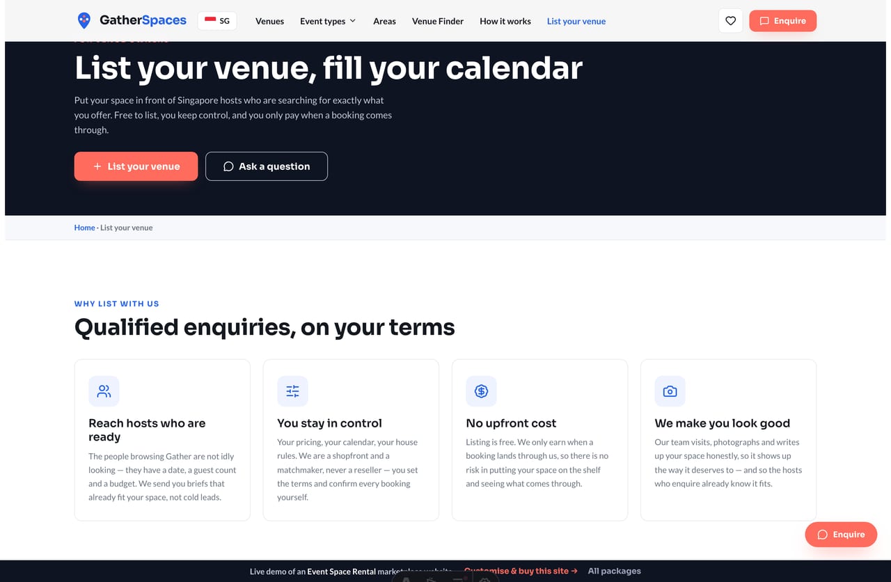 List-your-venue page for venue owners on an event space marketplace