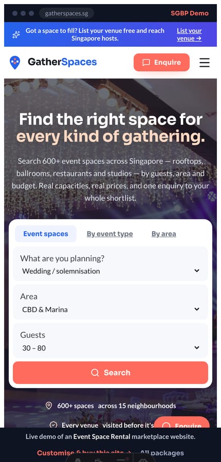 Mobile view of the Gather Spaces event space marketplace website