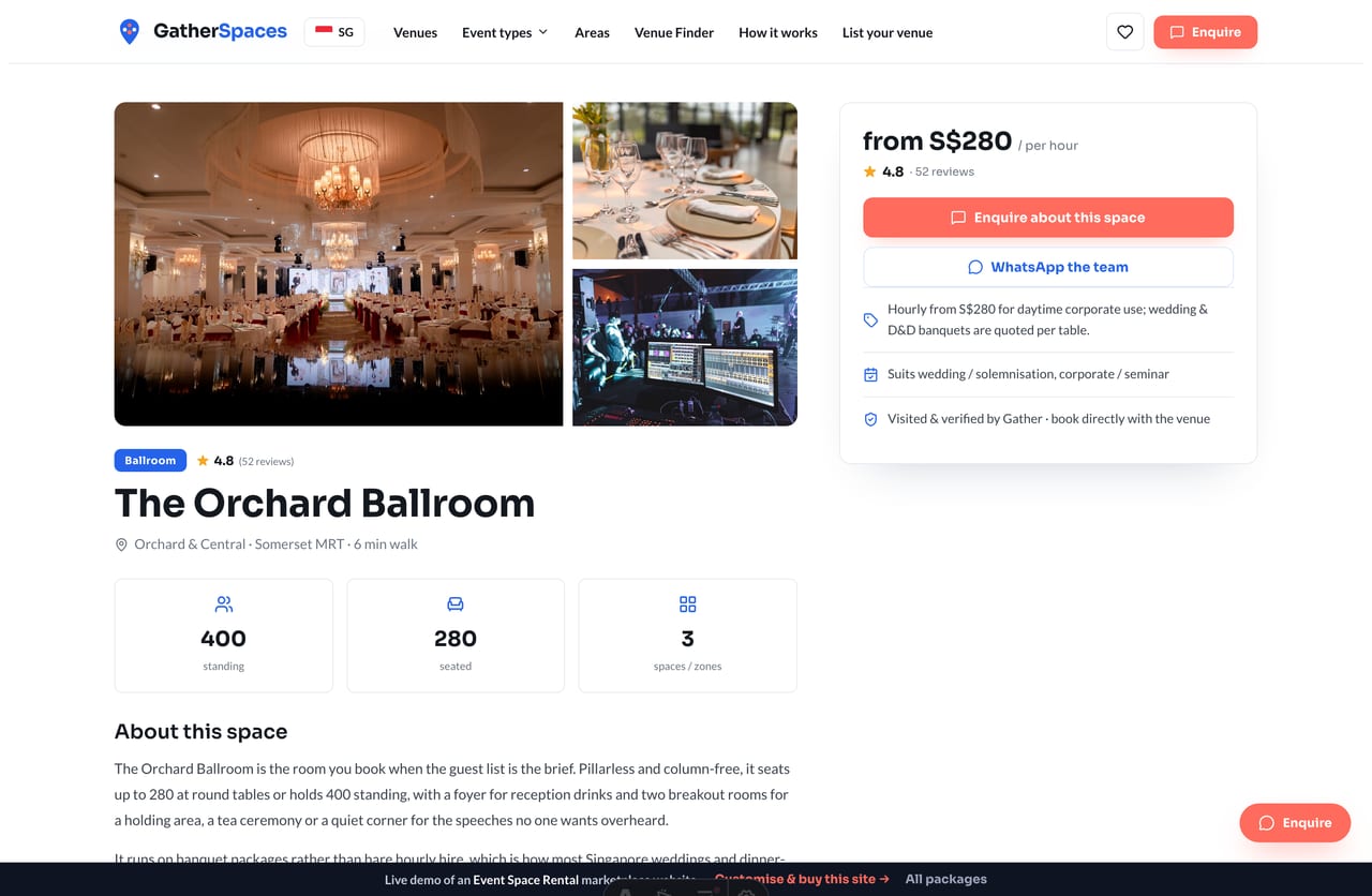 A single event venue detail page with gallery, capacity, amenities and an enquire panel