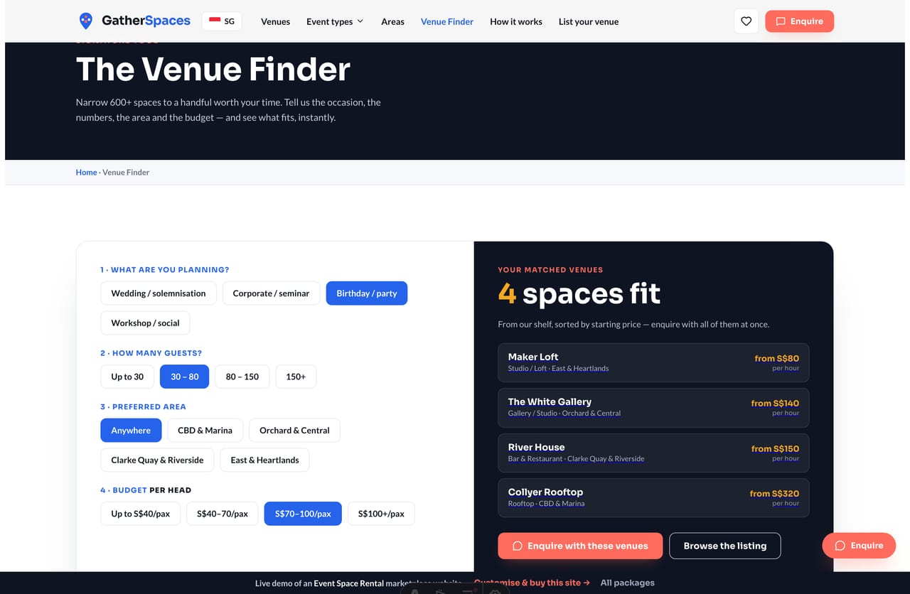 Venue Finder tool on an event space rental website matching venues by event type, guests, area and budget
