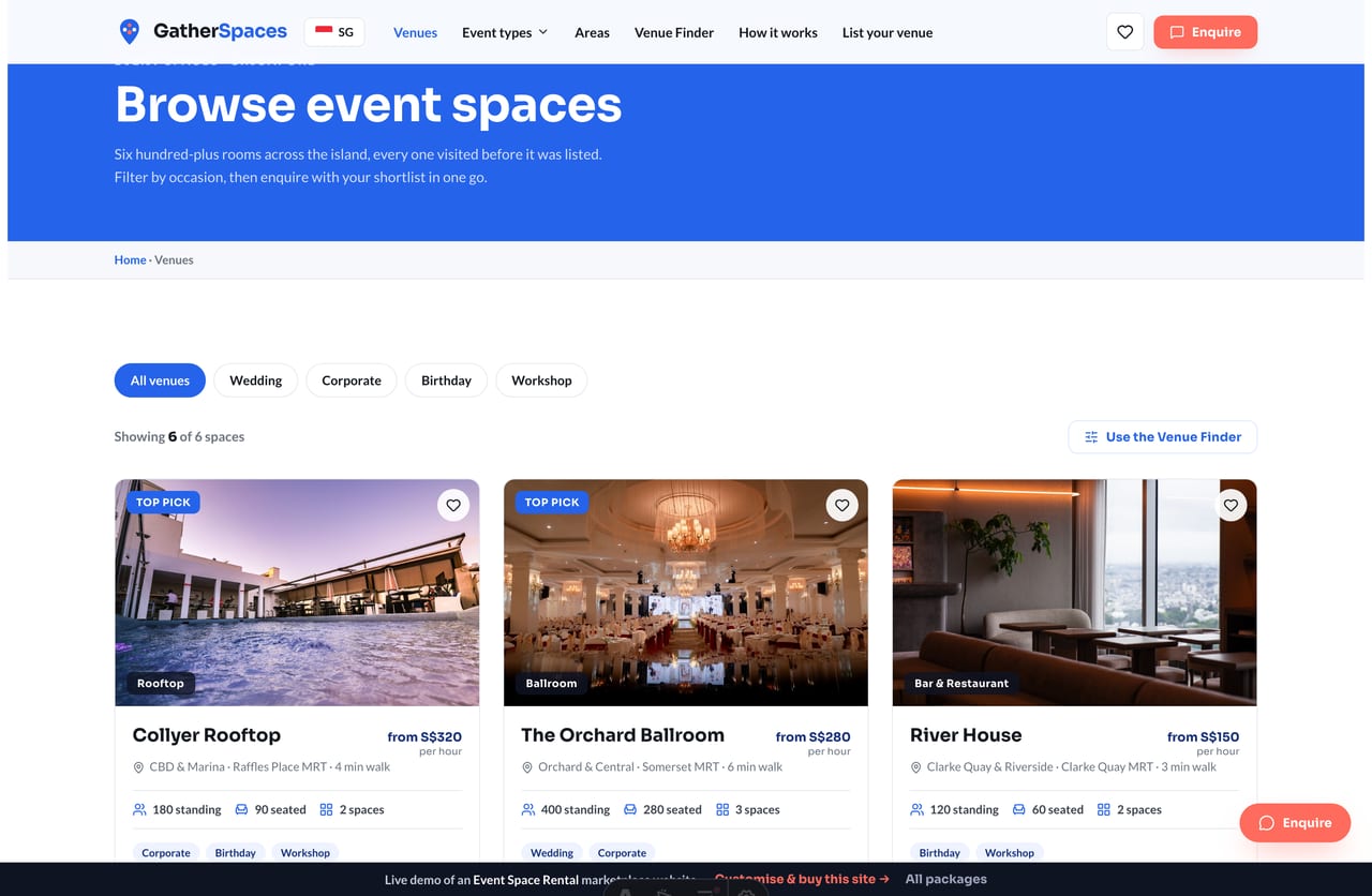 Event venue listing page with a filter pill bar and venue cards across Singapore