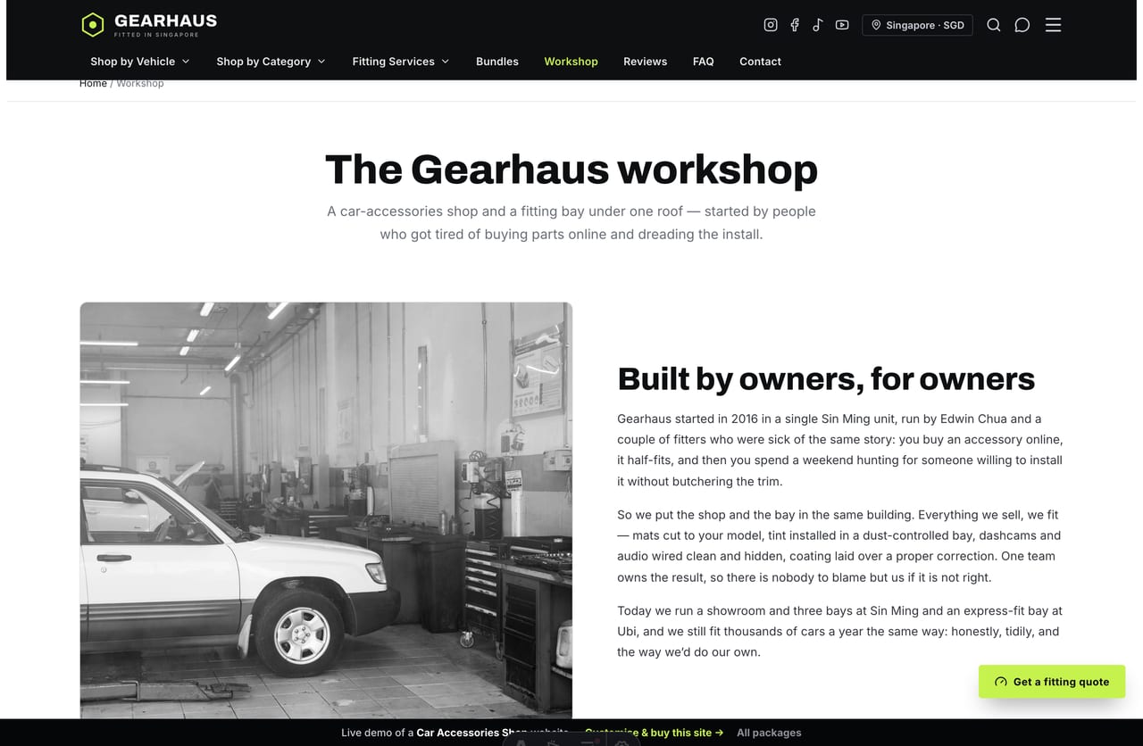 The About page for a Singapore car-accessories workshop — founder story, stats band and the installer team
