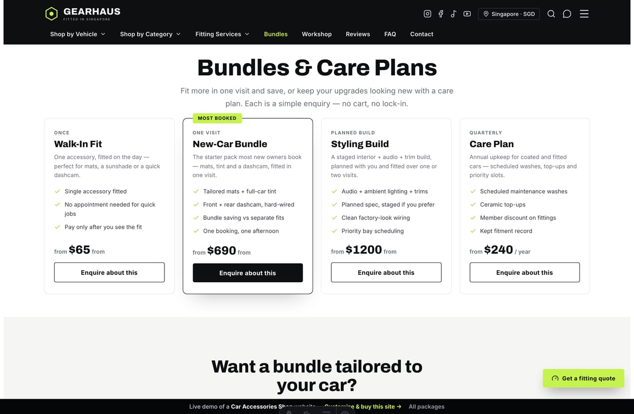 Bundles page on the Gearhaus demo — fitting bundles and care plans as enquiry cards