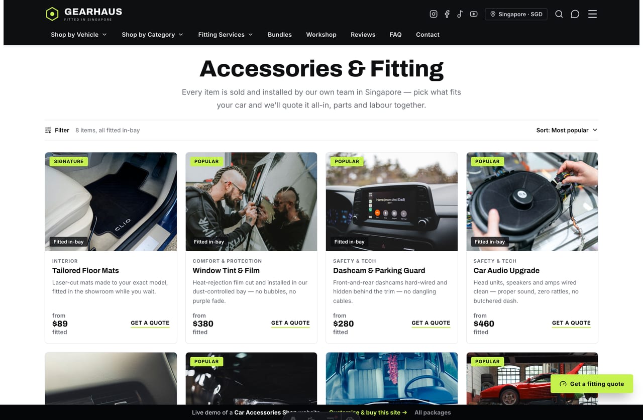 Catalogue page on the Gearhaus demo — mats, tint, dashcams, audio, trims and coating as product cards with filter and sort