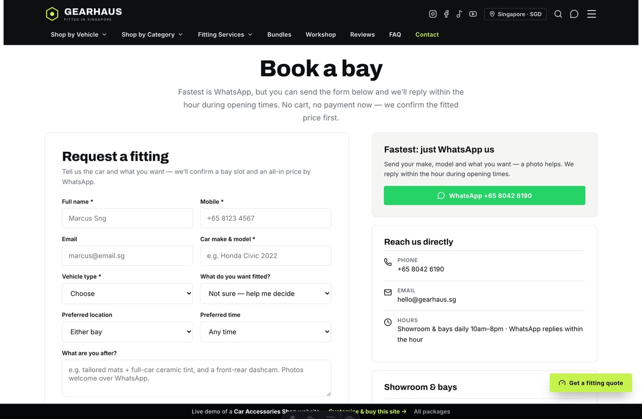 Book-a-bay page on the Gearhaus demo — a PDPA-aware fitting booking form with car, vehicle type and bay