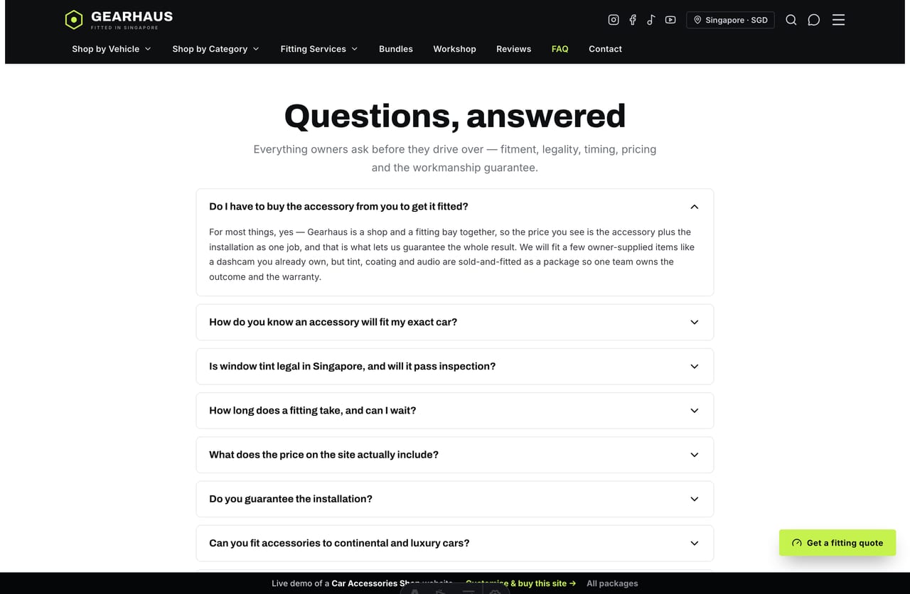 FAQ page on the Gearhaus demo — a carbon question-pill accordion about fitment, tint legality and warranty