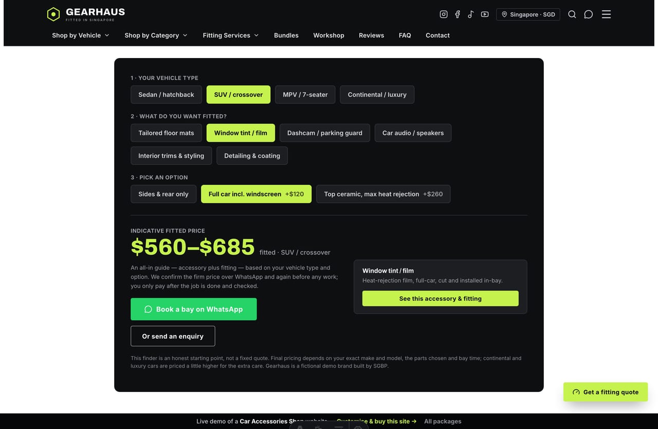 Fitment Finder result on a Singapore car-accessories site — an indicative fitted price range with a book-a-bay CTA and matched accessory