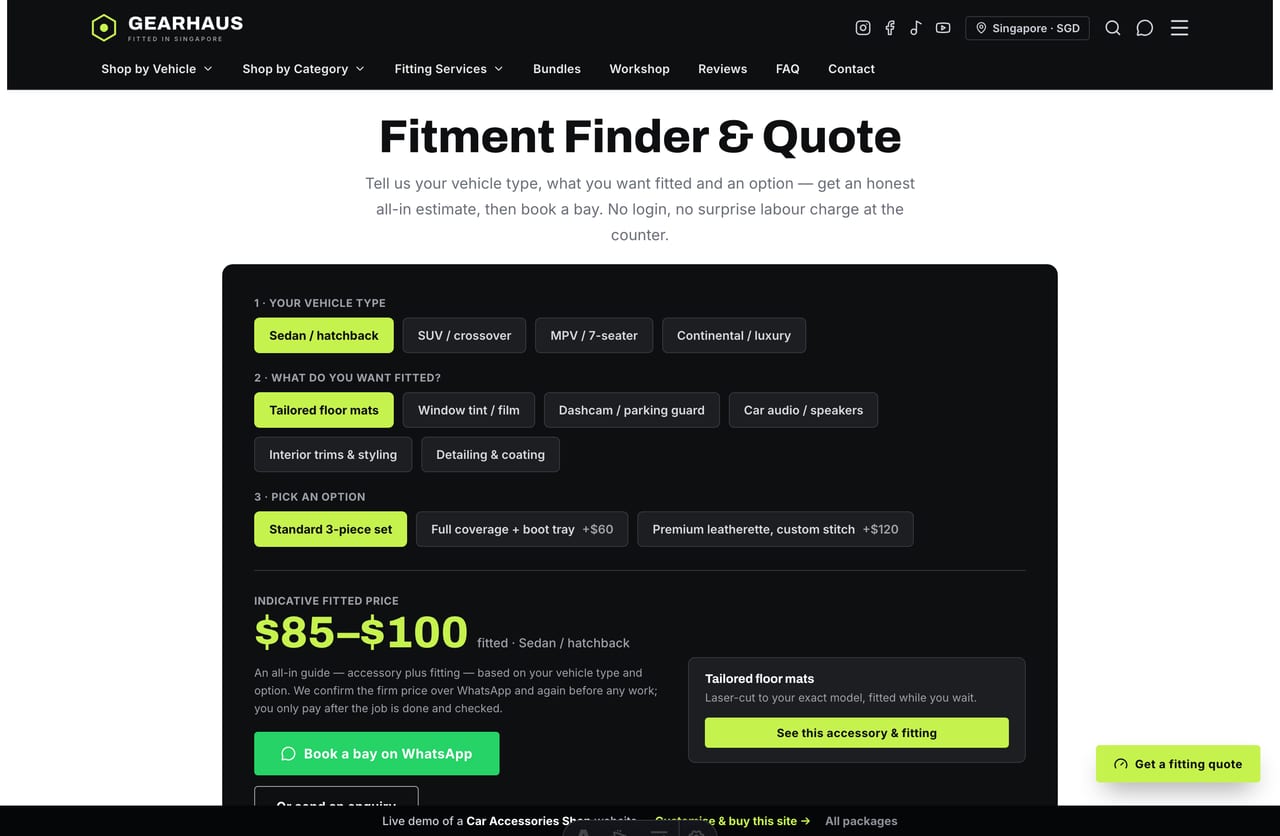 The interactive Fitment Finder & Quote on the Gearhaus demo — pick a vehicle type, accessory and option to see an all-in fitted price