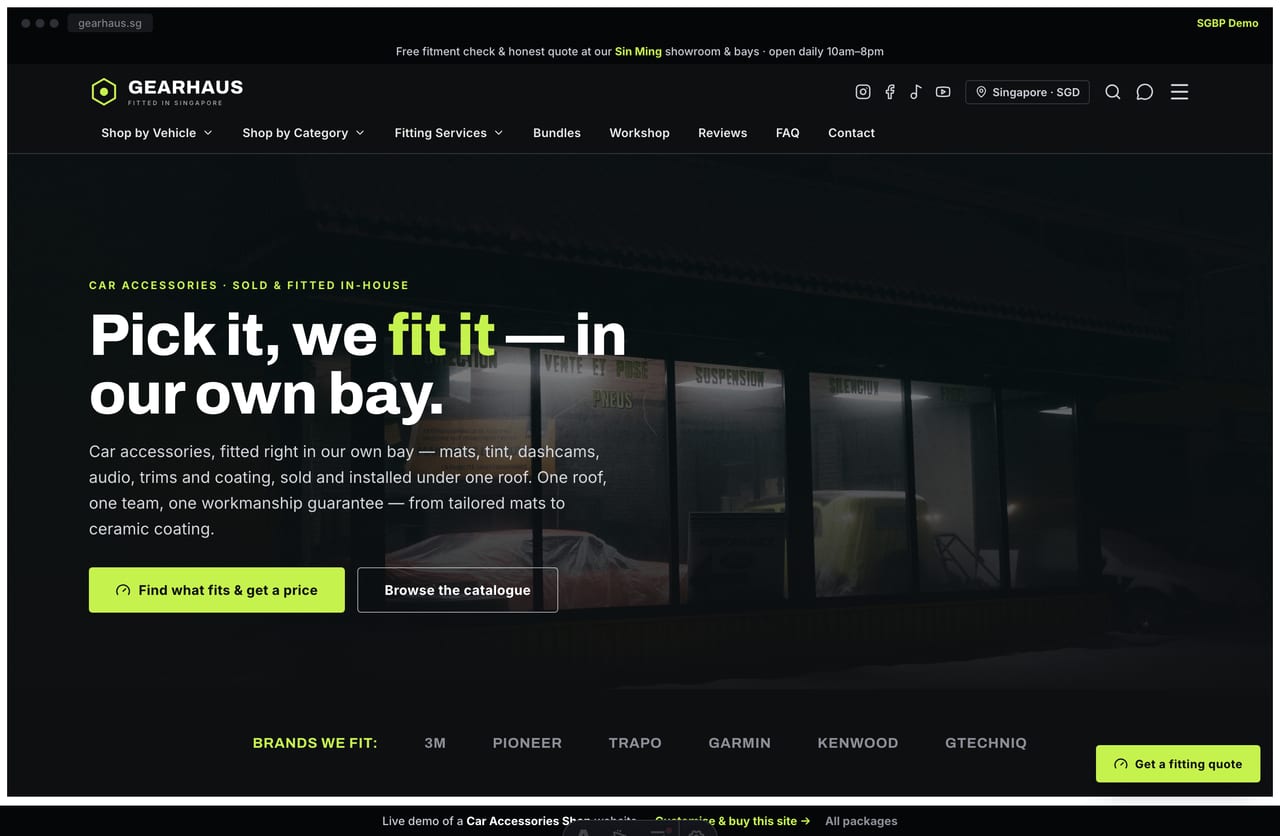 Gearhaus car accessories shop Singapore website homepage demo — a carbon-black and electric-lime site with a full-bleed dark hero, accessory product cards and a fitment finder