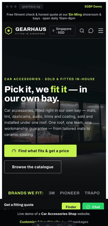 The Gearhaus car-accessories website on mobile — the dark hero and fitting-quote CTA at 430px