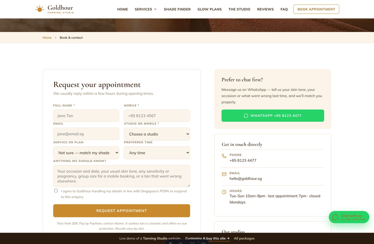 Book-an-appointment page on the Goldhour demo — a PDPA-aware booking form with studio, service and time