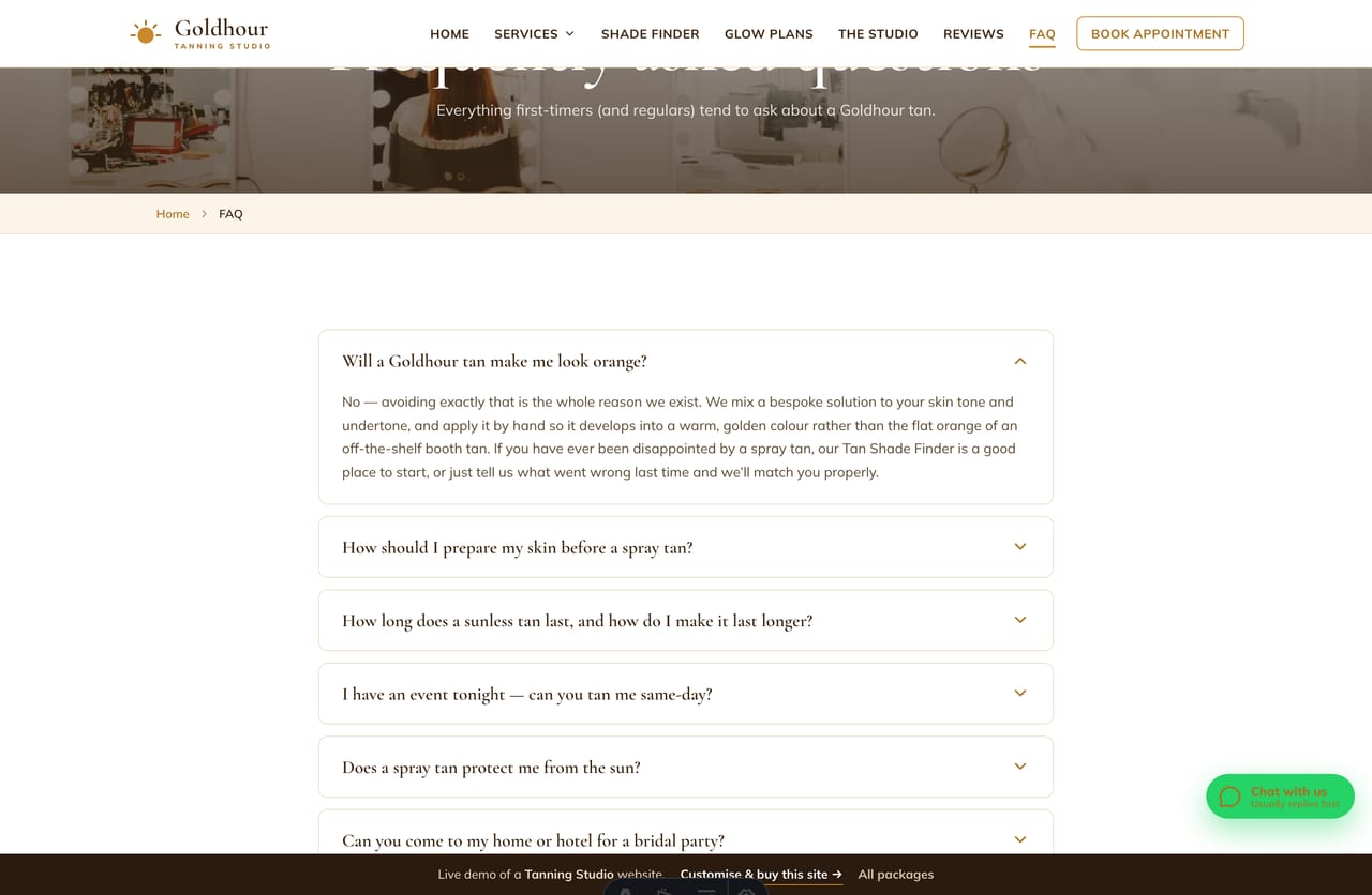 FAQ page on the Goldhour demo — a serif question accordion on a clean warm-cream layout