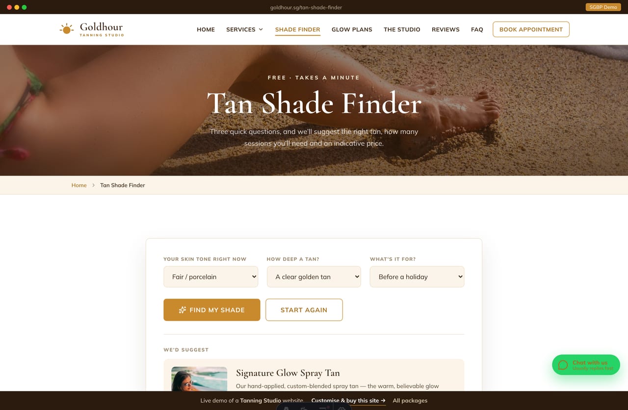 Tan Shade Finder result on a Singapore tanning site — a recommended service with session count, an indicative price and a WhatsApp booking button