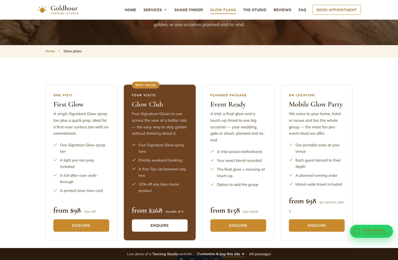 The glow-plans page on the Goldhour demo — first-tan, Glow Club, event and mobile bundle cards with clear from-prices