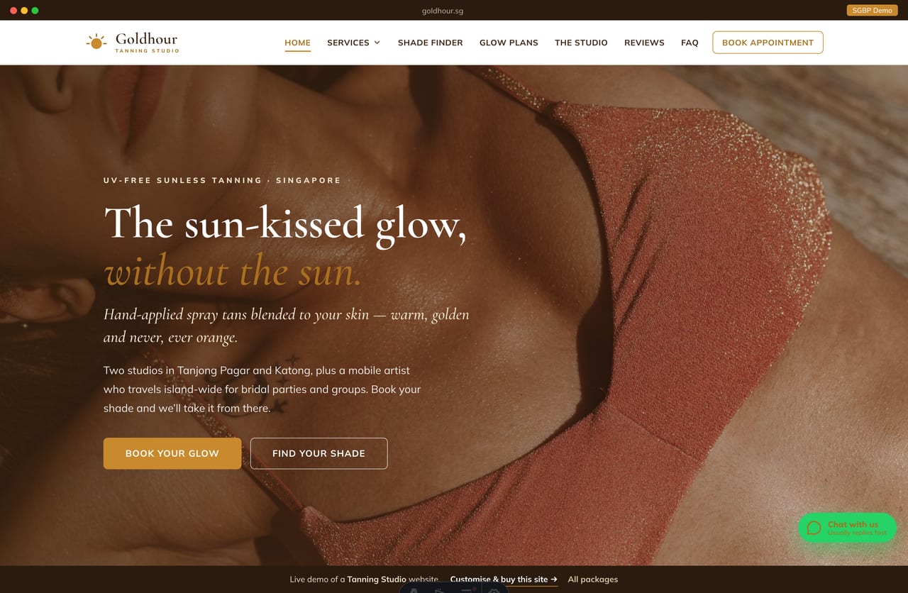 Goldhour tanning studio Singapore website homepage demo — a warm bronze and gold site with a full-bleed golden-glow hero, dark-photo service cards and a Tan Shade Finder
