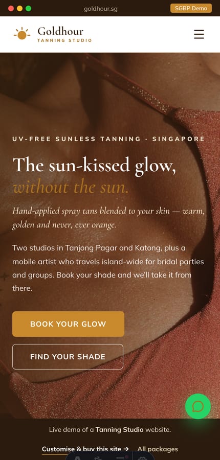 The Goldhour tanning website on mobile — the full-bleed golden hero and book CTA at 430px