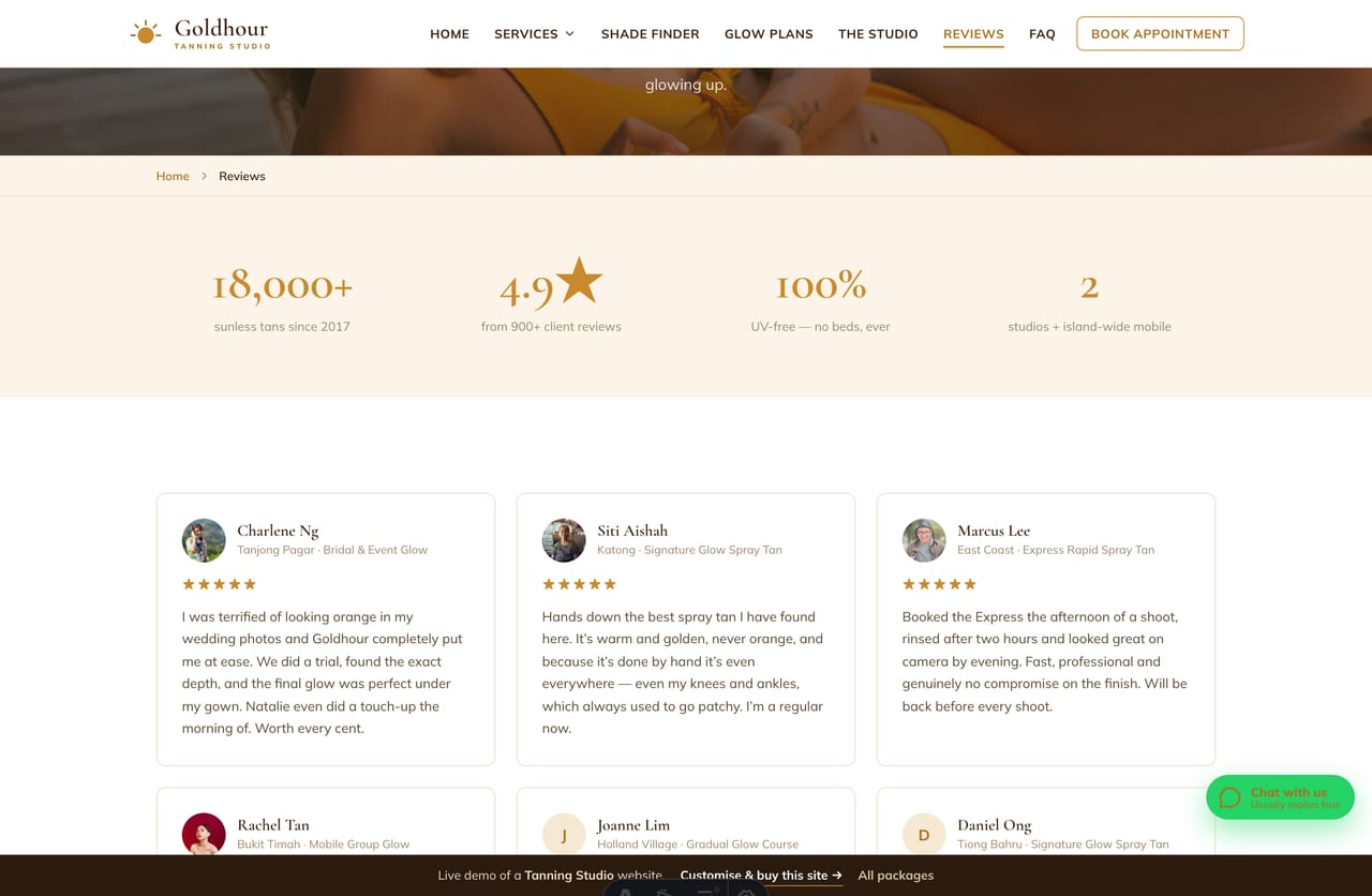 Reviews page on the Goldhour demo — client review cards with a trust-stat strip