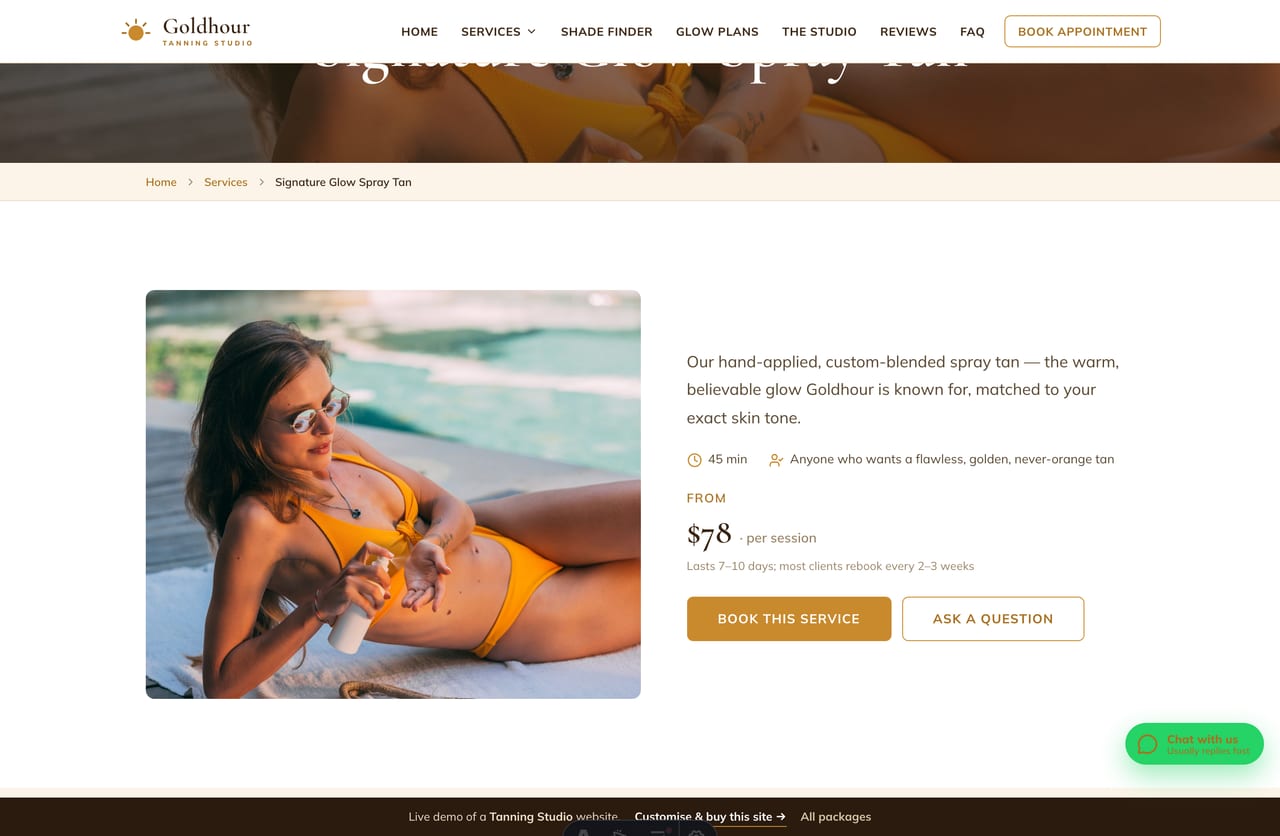 A service detail page on the Goldhour demo — a golden photo banner, a two-column article and before/after-care bands