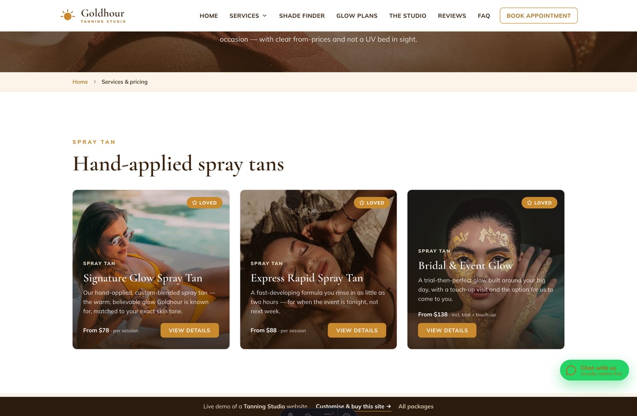Services page on the Goldhour demo — spray tans, gradual glows, treatments and mobile group tans as dark-photo cards grouped by category