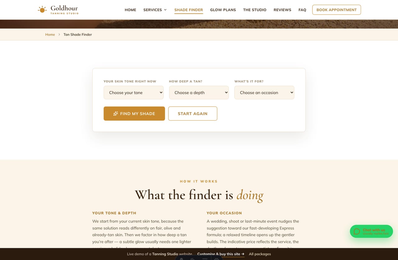 The interactive Tan Shade Finder on the Goldhour demo — pick your skin tone, tan depth and occasion to get a recommended service, sessions and price