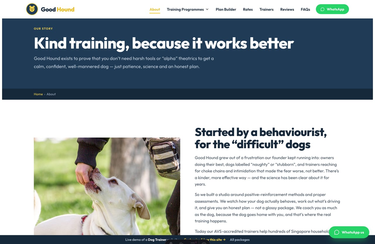 The About page for a Singapore dog-training studio — founder story, trust stats and the promises behind kind, science-based training