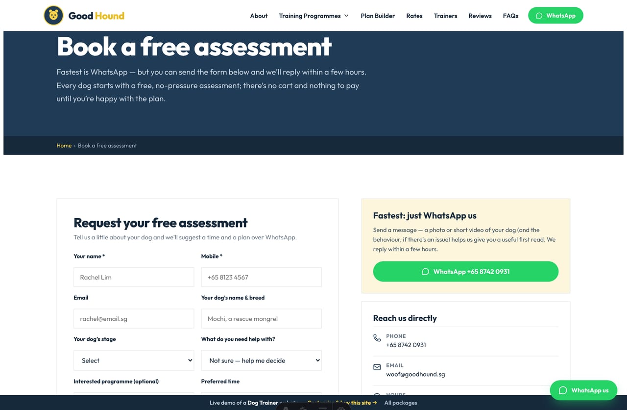 Book-a-free-assessment page on the Good Hound demo — a PDPA-aware enquiry form with dog stage, goal and programme selection, no cart