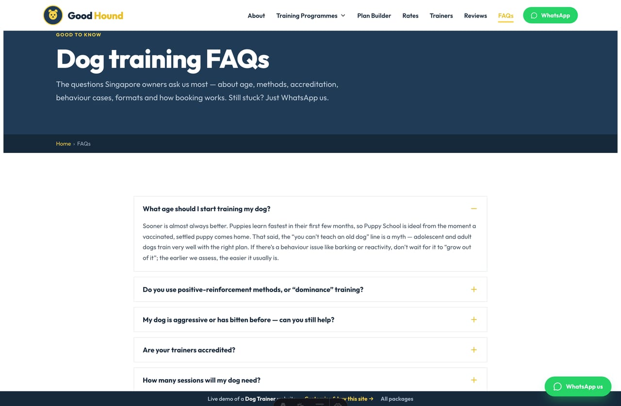 FAQ page on the Good Hound demo — an accordion of common questions about training age, methods, accreditation, behaviour cases and booking