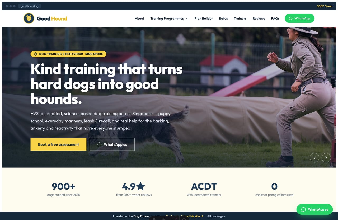 Good Hound dog-trainer Singapore website homepage demo — a full-bleed dog-training photo hero, white nav with a yellow WhatsApp pill, and a yellow training-programmes band