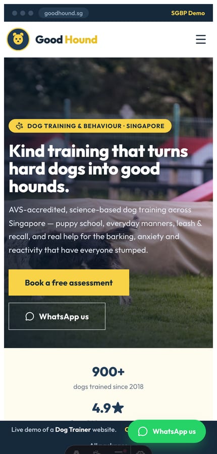 The Good Hound dog-trainer website on mobile — full-bleed photo hero and a sticky WhatsApp pill at 430px