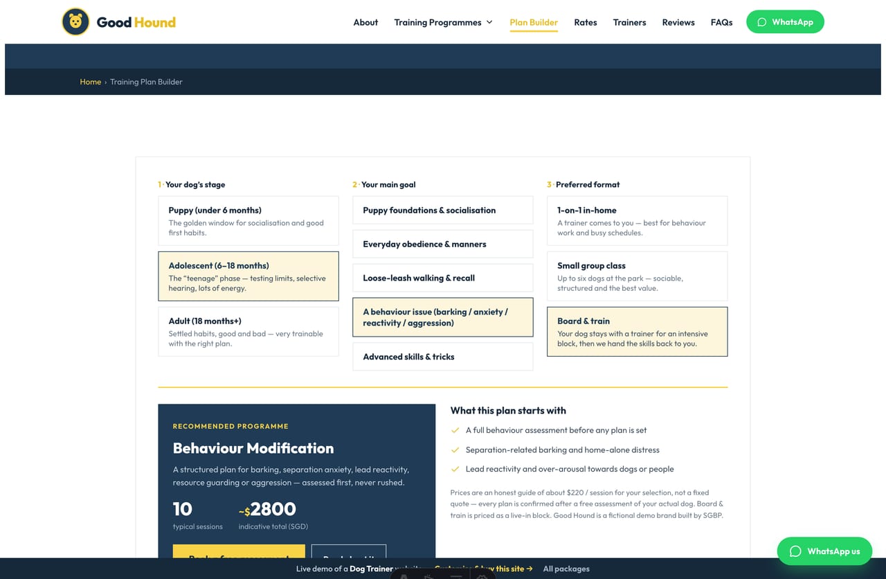 Training Plan Builder result on a Singapore dog-trainer site — a recommended programme, session count, indicative SGD price and a book-a-free-assessment CTA