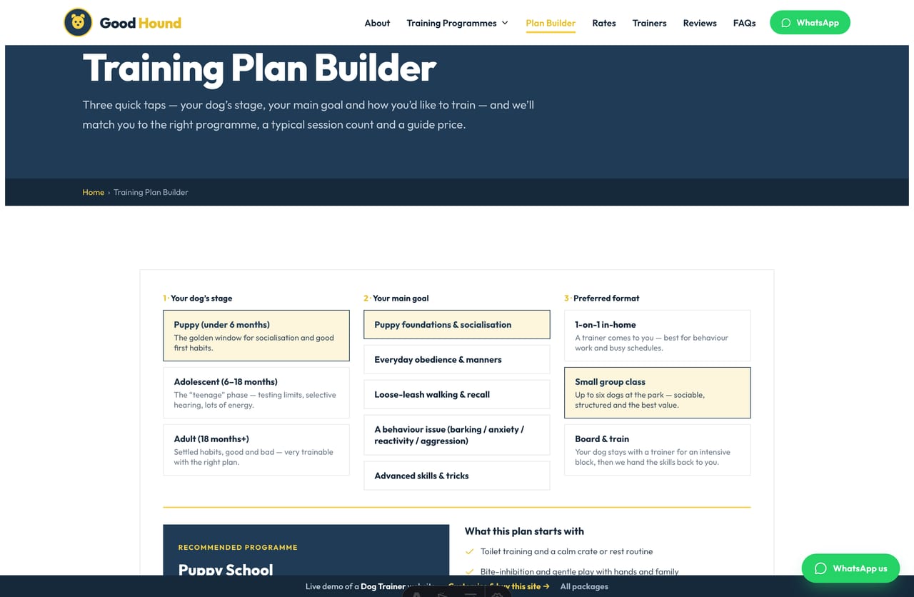 The interactive Training Plan Builder on the Good Hound demo — pick your dog’s stage, your goal and a format for a live recommended programme