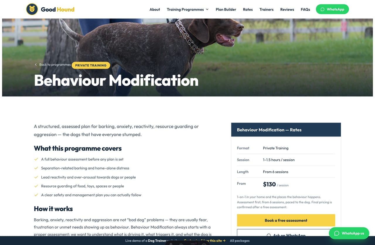 A programme detail page on the Good Hound demo — a full-bleed photo banner, what it covers, how it works and a navy rate sidebar card