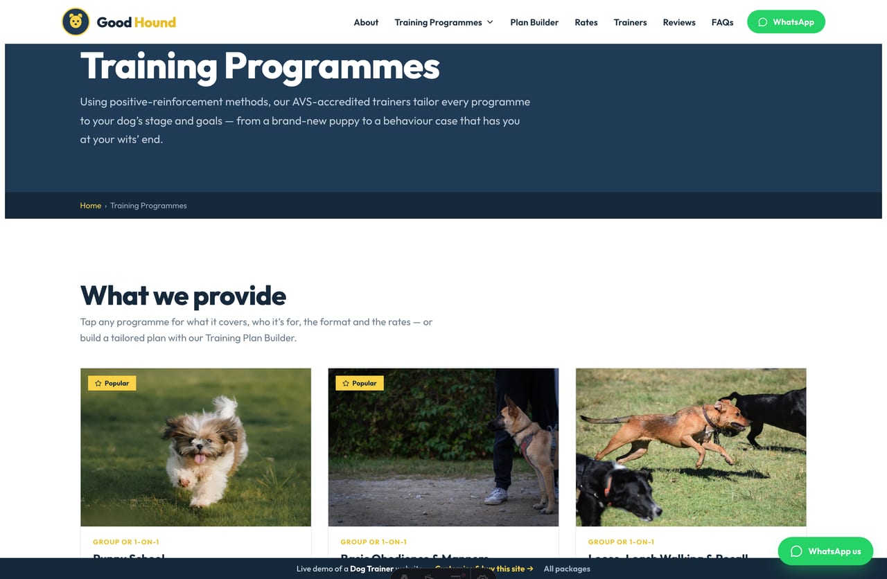 Training Programmes listing page on the Good Hound demo — puppy school, basic obedience, behaviour modification, leash & recall and board & train as photo cards