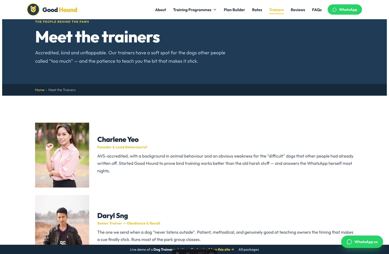 Meet the Trainers page on the Good Hound demo — AVS-accredited trainer profiles with photos, roles and bios