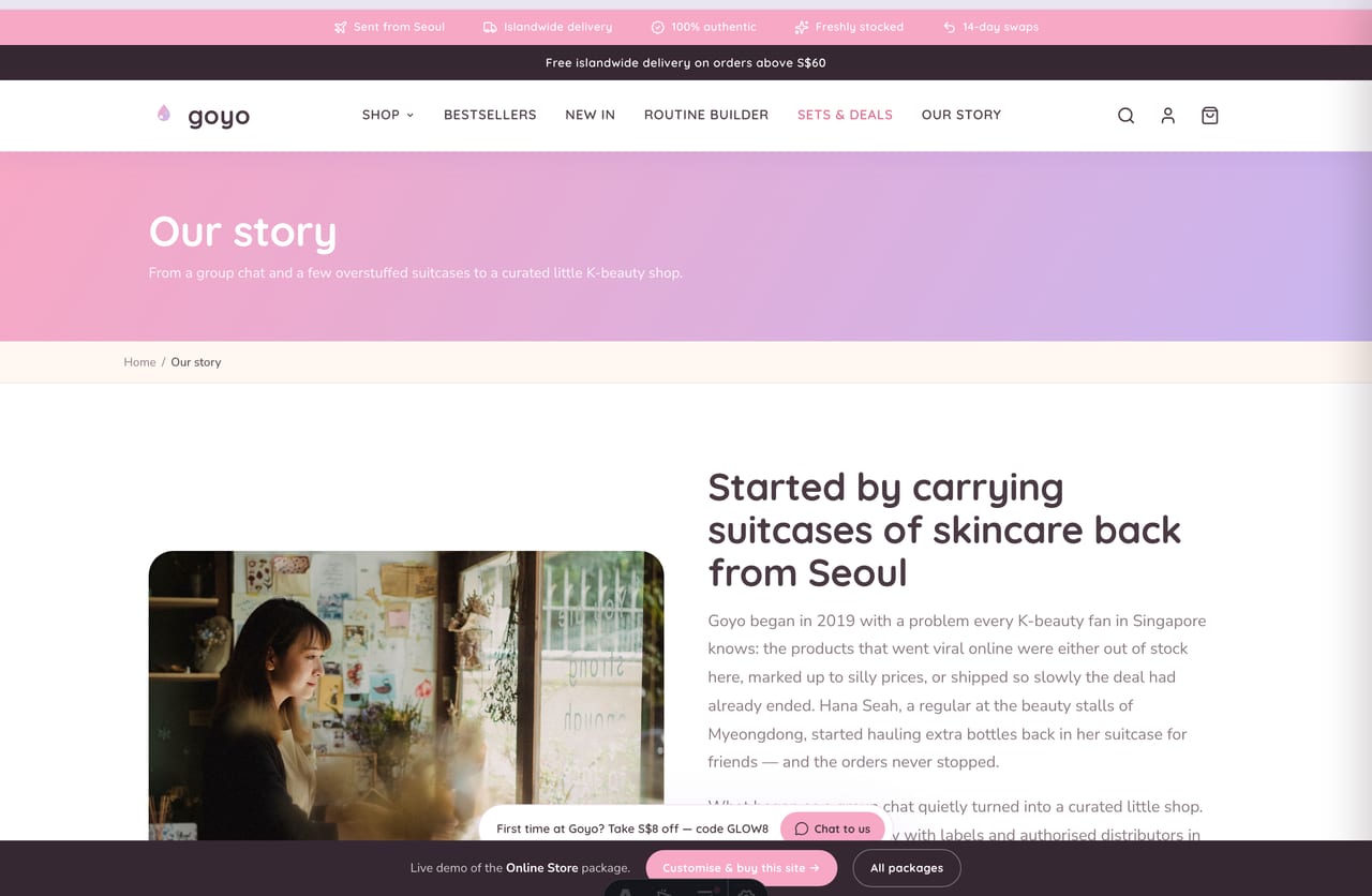 About and brand-story page for a Singapore K-beauty store curating Korean skincare