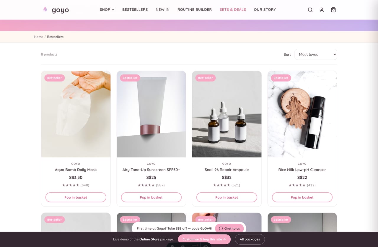 Bestselling Korean beauty products grid with ratings on the Goyo store