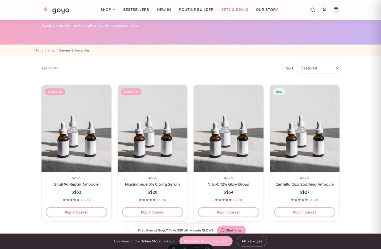 Serums & ampoules collection page with sorting on the Singapore K-beauty store demo