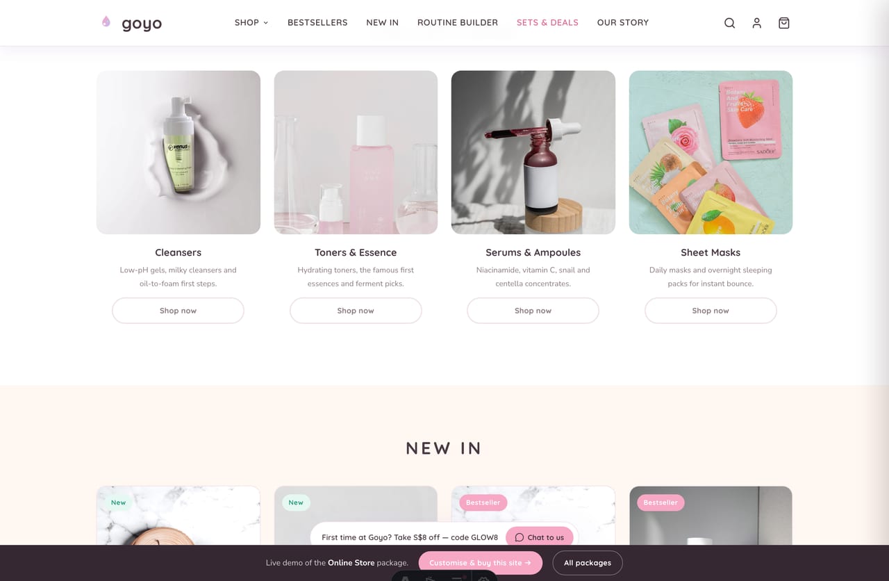 Shop-by-collection tiles for a Singapore K-beauty store — cleansers, toners, essences, serums, masks, sun care, colour