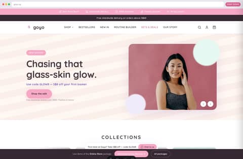 Goyo Korean beauty (K-beauty) online store homepage demo — pastel promo hero and trust strip (Singapore)