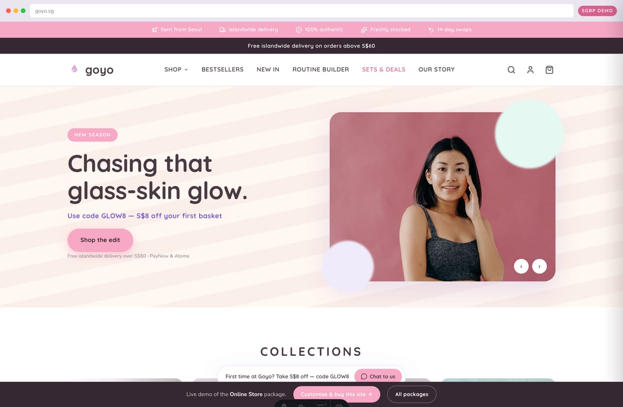 Goyo Korean beauty (K-beauty) online store homepage demo — pastel promo hero and trust strip (Singapore)