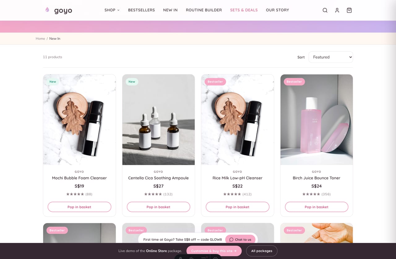 New arrivals product grid on the Goyo Korean skincare store