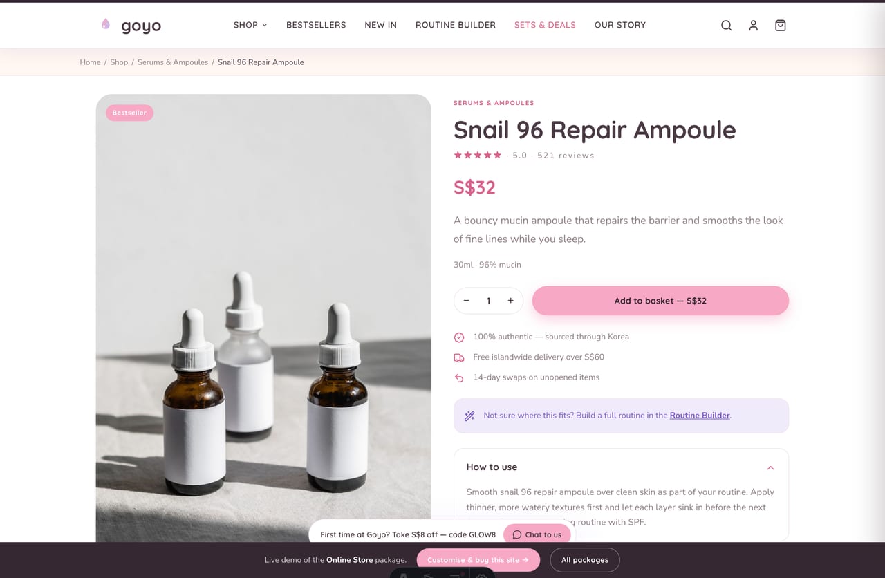 Korean skincare product detail page with gallery, variants, qty and add-to-basket