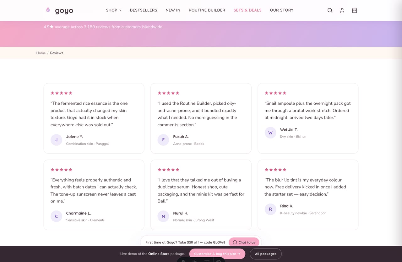 Singapore customer reviews and star ratings on the Goyo K-beauty store