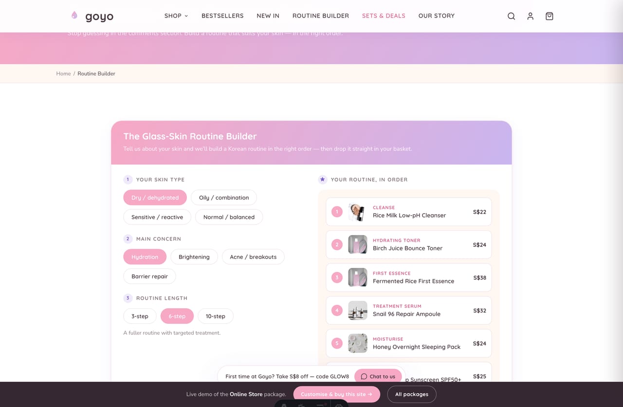 Interactive Glass-Skin Routine Builder on the Goyo Singapore K-beauty store