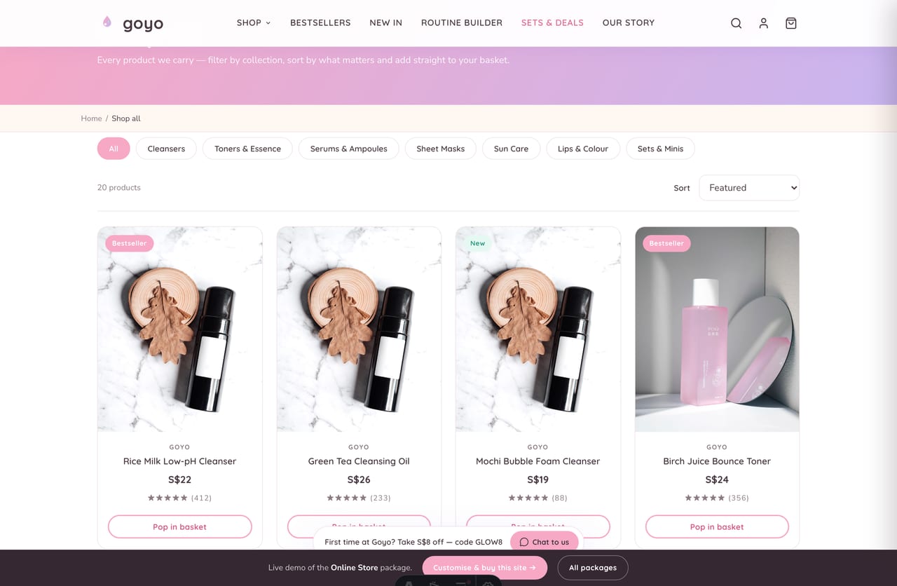 K-beauty shop page with filterable product grid, sort and SGD pricing
