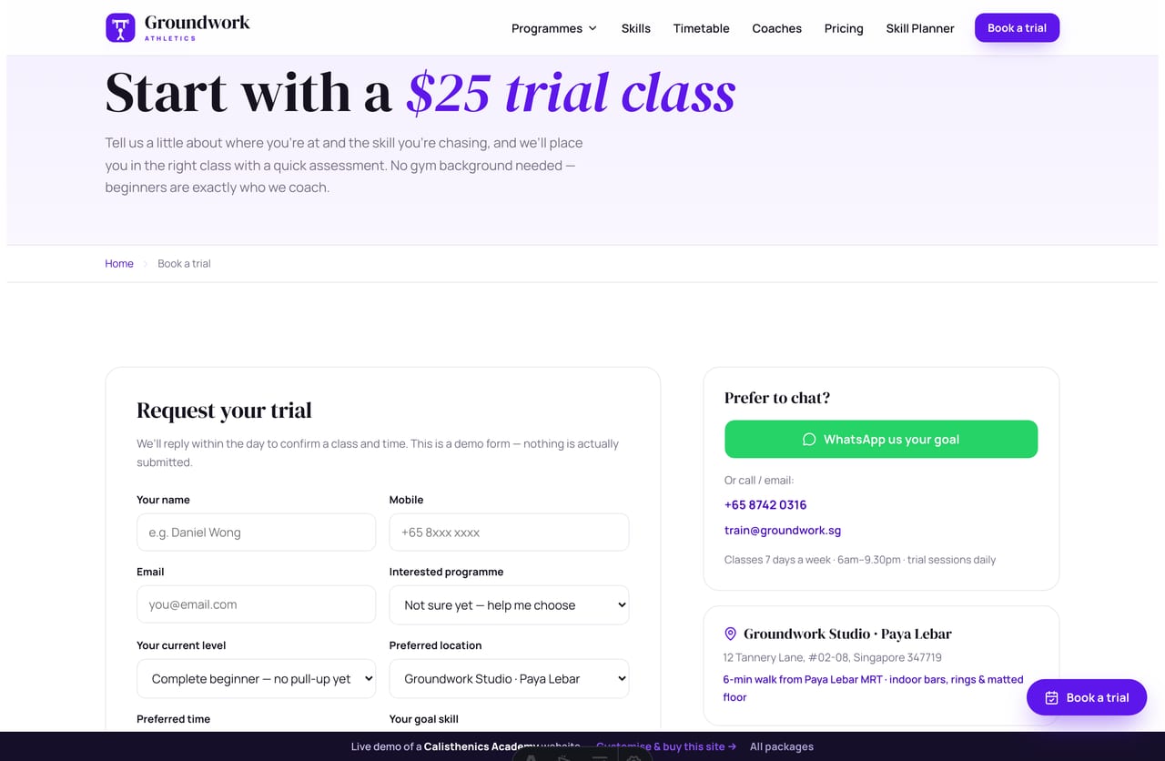 Book-a-trial page on the Groundwork demo — a PDPA-aware trial-booking form with programme, level, location and time selection, no cart